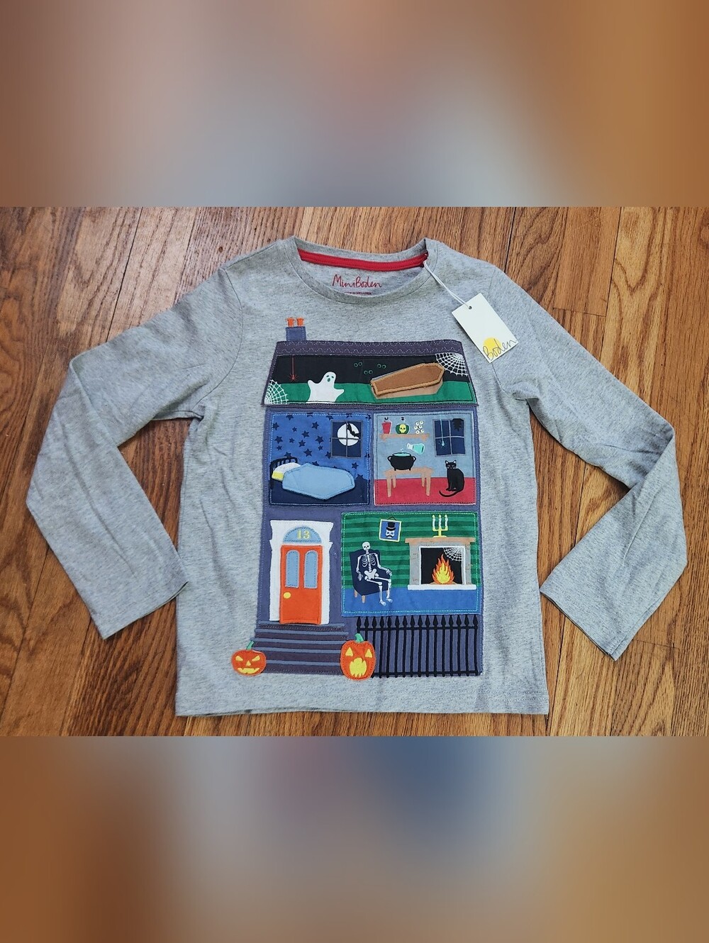 Mini Boden Gray Long-Sleeve Top with Colorful Halloween House Graphic